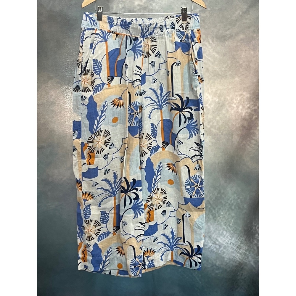 Nicole Miller New York Womens XL Linen Tropical Palm Print Wide Leg Pants Blue